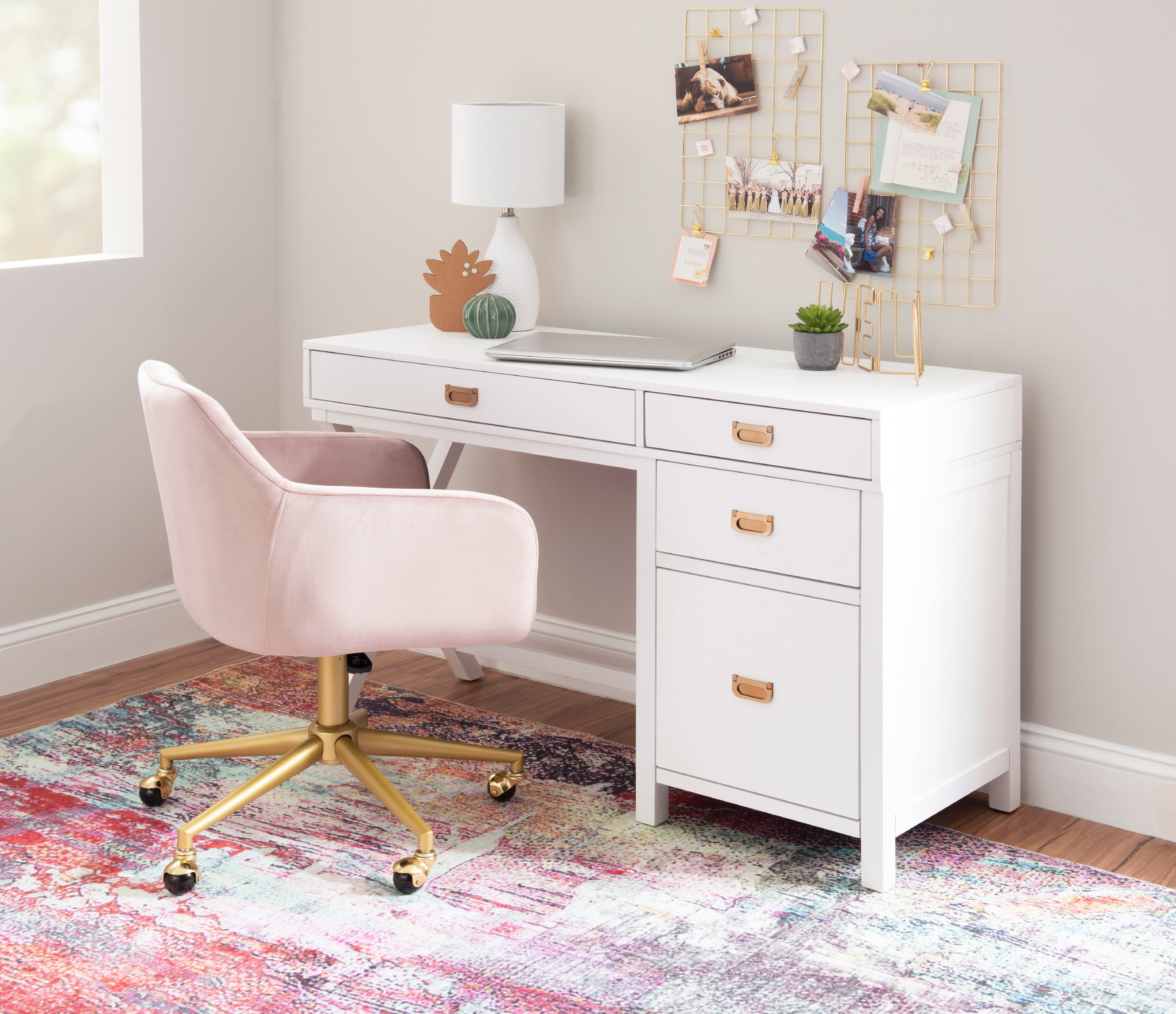 Linon Lakelyn 48" Writing Desk with 4 Drawers and Side Storage, White