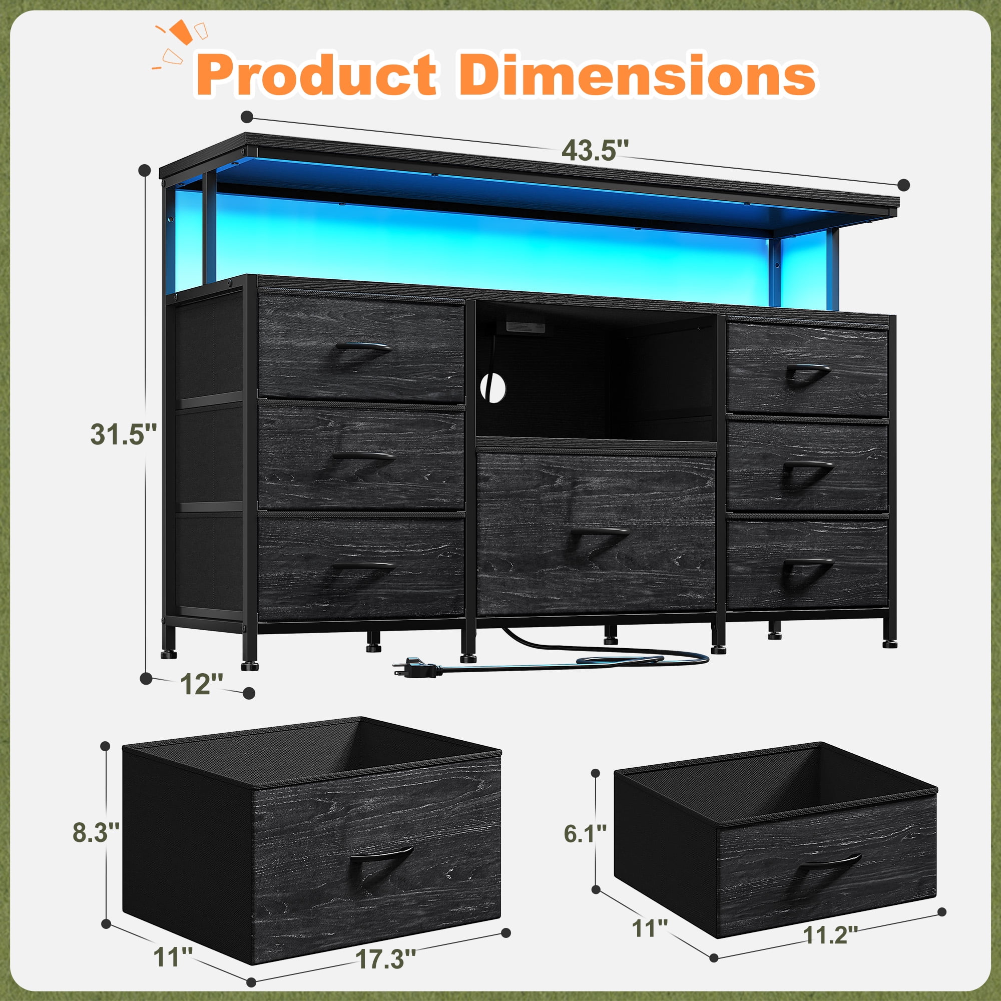 Dresser TV Stand for Bedroom with 7 Fabric Drawers,Wide Dresser for Bedroom with LED Lights & Power Outlets for 55" TV  & Open Shelves for Living Room, Sturdy Frame, Black