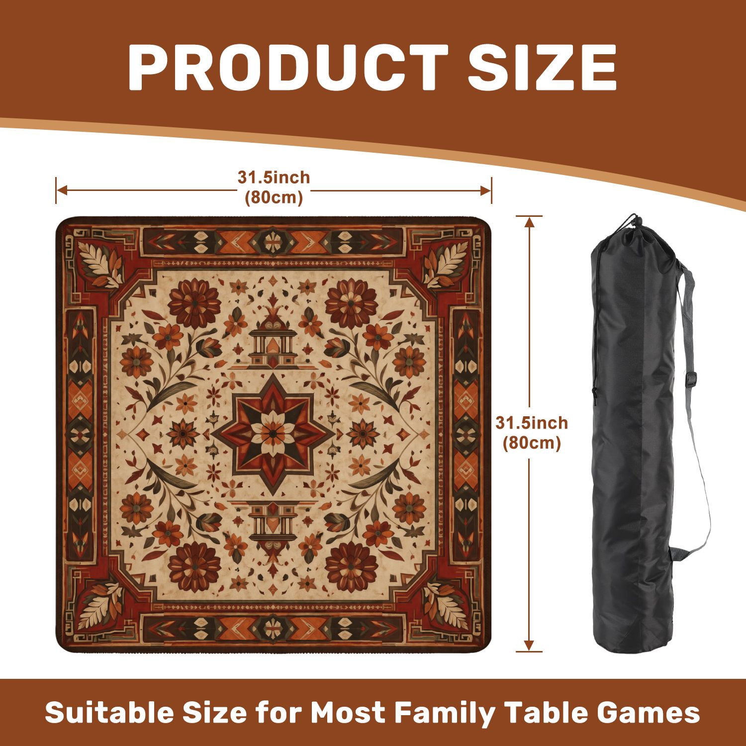 Mahjong Mat 31.5" x 31.5" Ornamental Geometric Floral Red Orange Brown Accents Beige Non-Slip Noise Reduction American Mahjong Tiles Table Cover for Dominoes Poker Card Board Games Gift