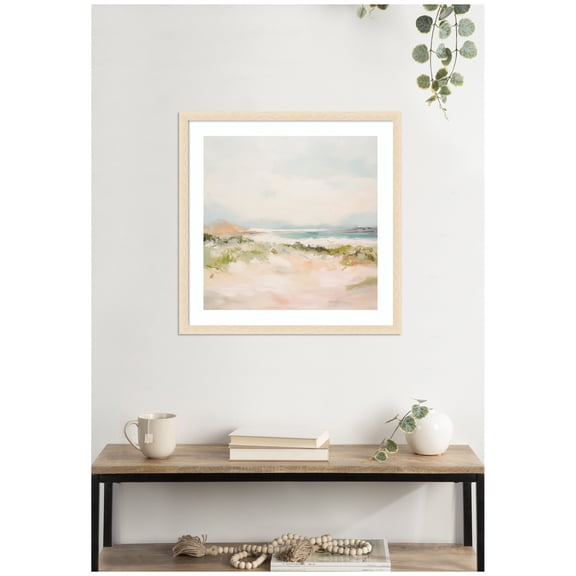 Kate and Laurel Framed Wall Art Print Tranquil Landscape III Square by Amy Lighthall, 26 x 26, Woodgrain Stripe Blonde Frame, Coastal, Abstract Art for Wall Decor