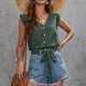thumbnail image 4 of Camiseta informal de verano con cuello en V y cierre de botón con volantes y estampado de puntos para mujer para uso diario, 4 of 8