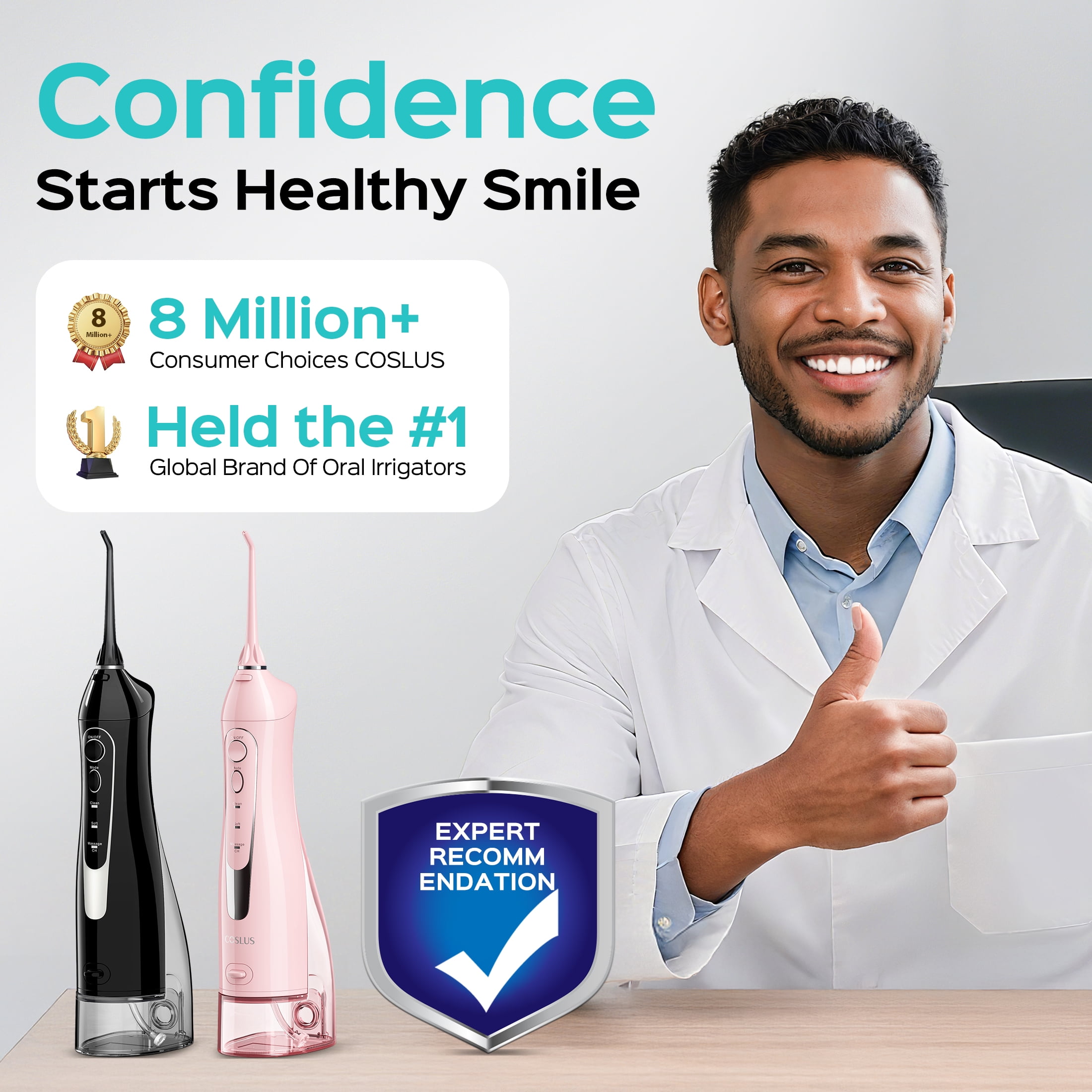 COSLUS 2 Pack Cordless Water  Dental  Flosser for Teeth,Braces,Gums Care Easy to Use,Rechargeable,Waterproof,Portable for Travel,Black & Pink