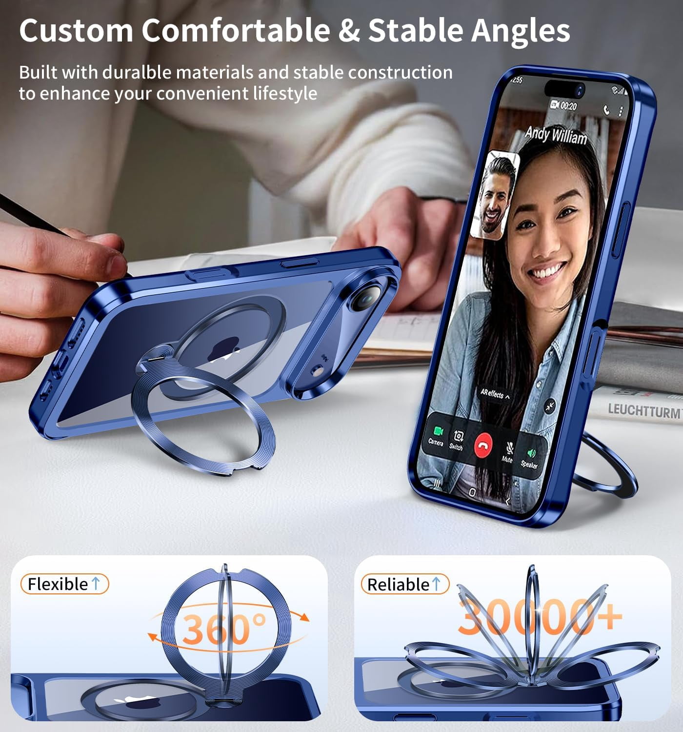 JETeacka CD Metal Ring & Invisible 360° Spin Stand Magnetic Case for iPhone 17 Air Electroplated Bumper Compatible with MagSafe Slim Clear Cover-Blue
