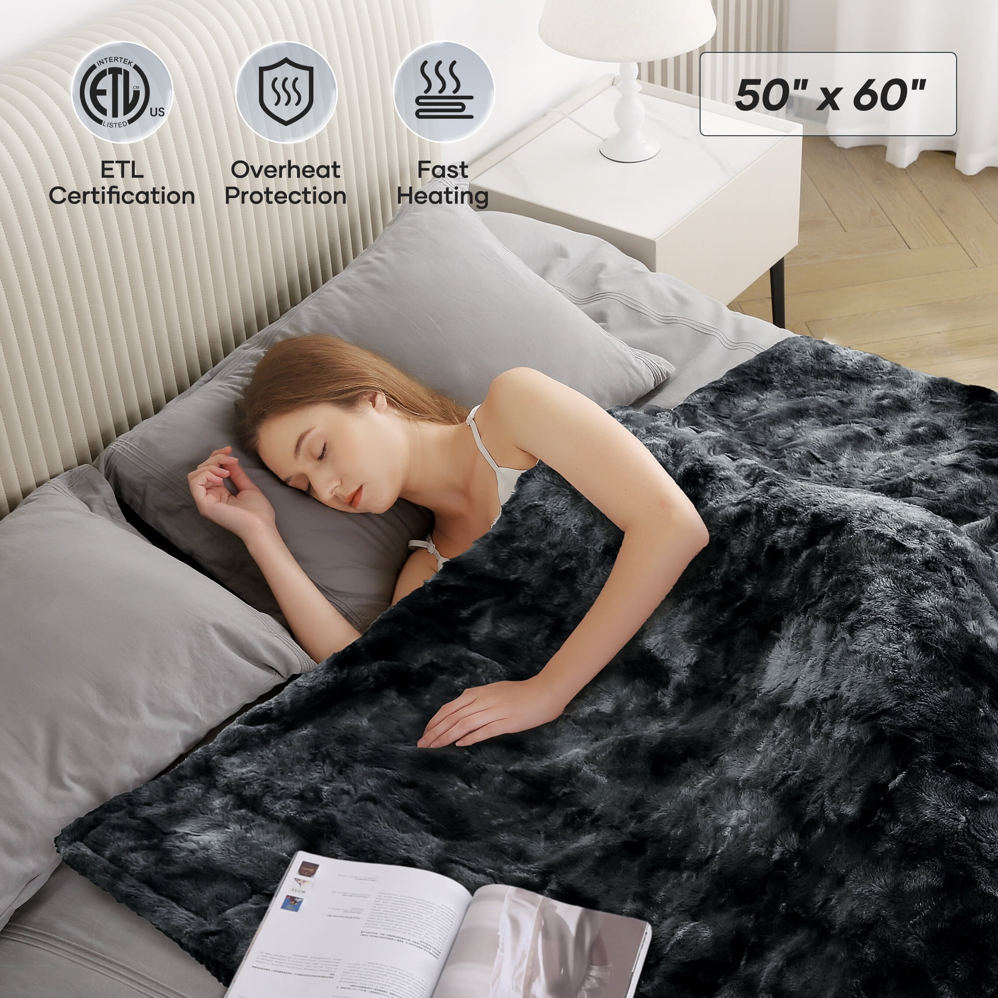 MARNUR Heated Blanket Electric Throw 50" x 60", Soft Faux Fur & Shu Velvet Heated Throw Blanket, 6 Heating Levels, 4 Hours Timer, Tie-Dye Off Black