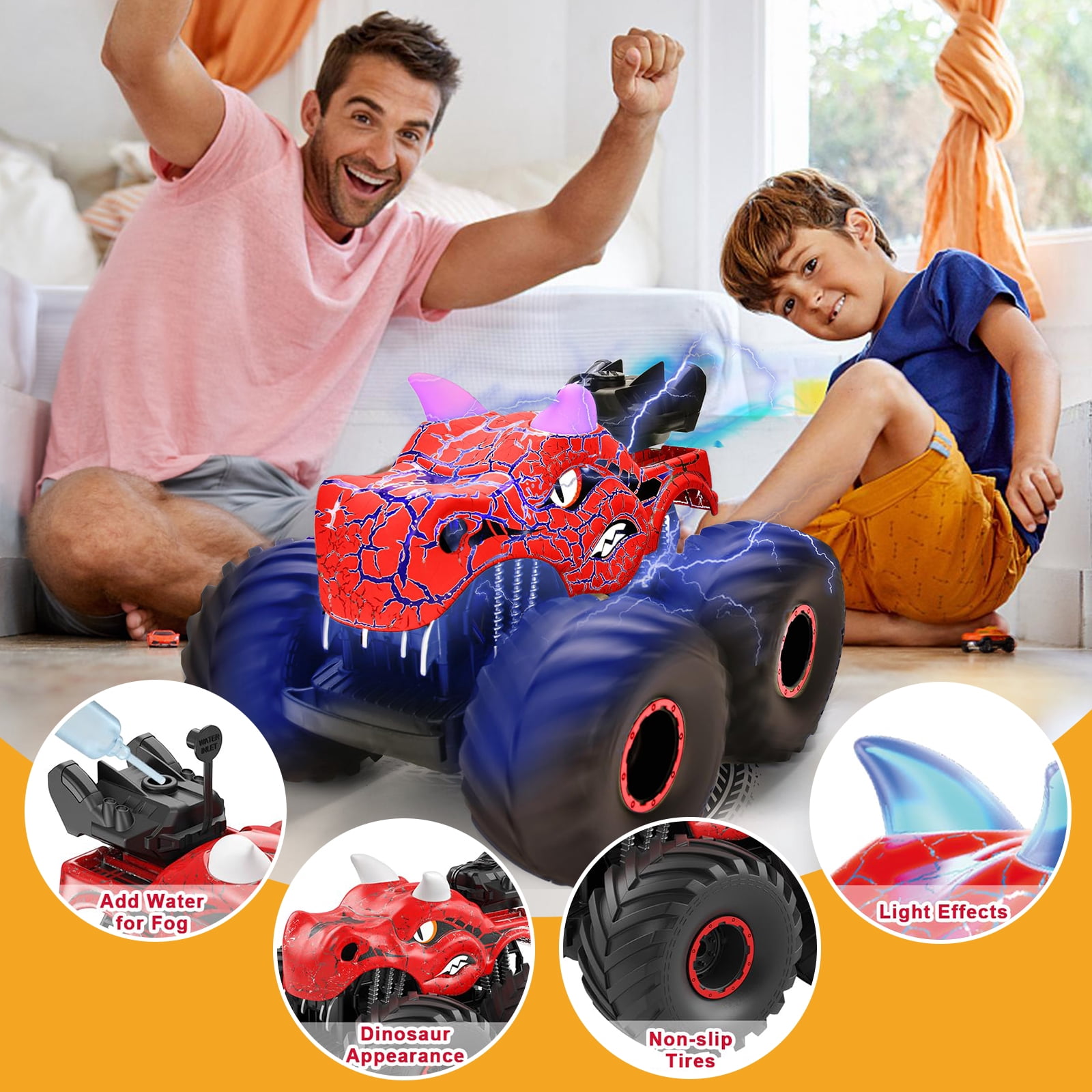 Huge Wave Remote Control Dinosaur Car, 2.4GHz RC Monster Trucks for Boys with Spray, Light & Sound, All Terrain RC Cars with 2 Batteries,Birthday Gifts Dinosaur Toys for Boys 3-6 Years,Red