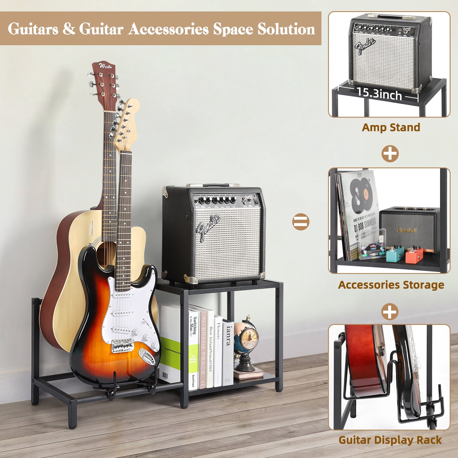 Olakee 3-Piece Floor Guitar Stand with Amp Support, Adjustable for Multiple Electric Guitars and Accessories, Wood & Metal, Black