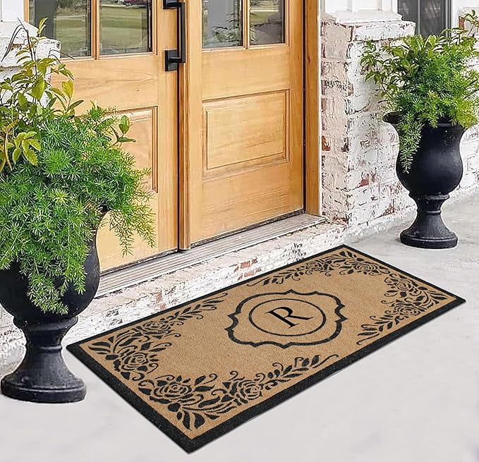 A1HC Natural Coir Monogrammed Floral Door Mat, 36"x72", Durable Anti-Shed Outdoor Door Mat, Heavy-Duty, Low-Profile, Easy to Clean
