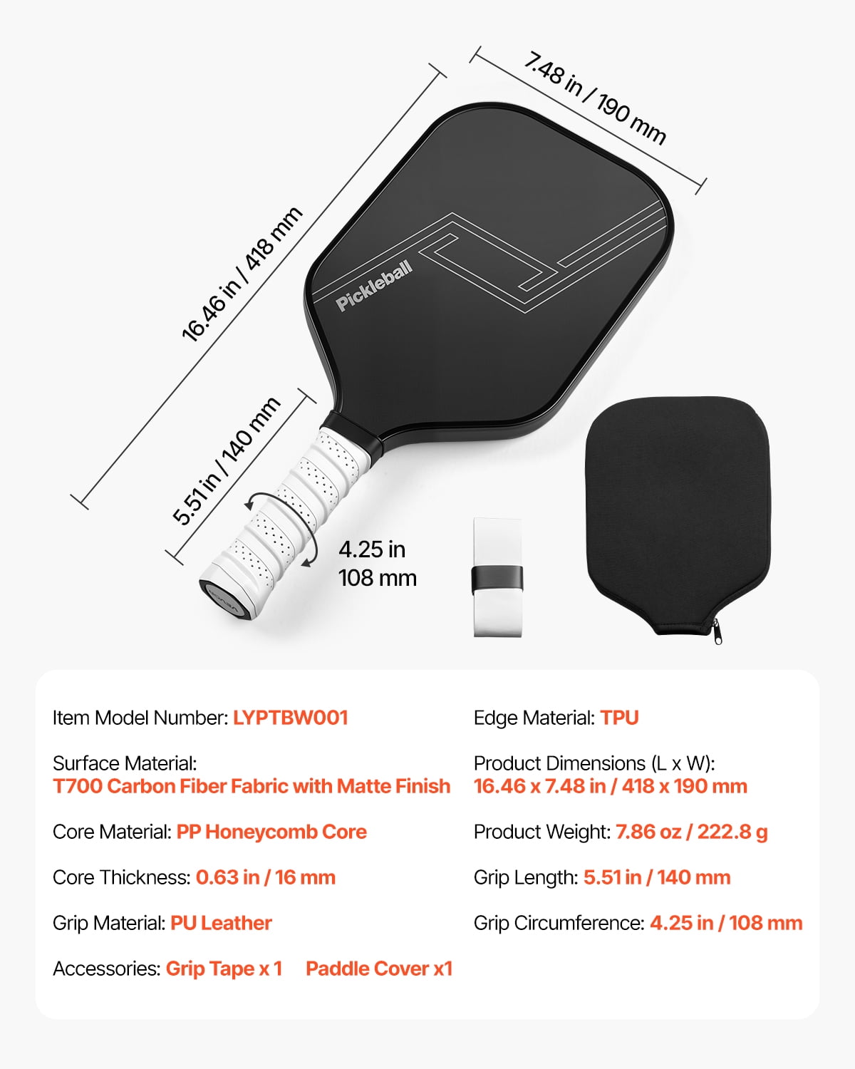 VEVOR Pickleball Paddle, T700 Carbon Fiber Surface & Honeycomb Core, Professional Pickleball Paddle with Increased Power & Control & Spin, Pro Pickle Ball Racket for Adults, Men & Women, Black