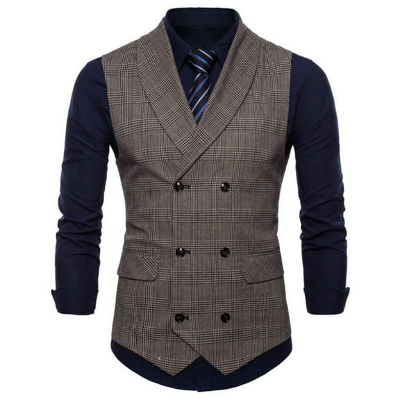 Mens Plaid Vest Double Breasted Lapel Slim Fit Formal Dress Vest Business Waistcoat Coffee L