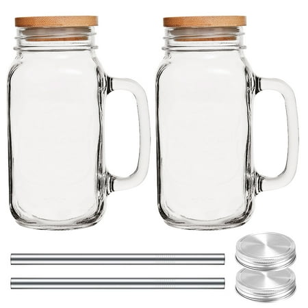 

2Pcs Drinking Glasses Kit 700ML Large Capacity Drinking Cup with Bamboo Wood Lids and Stainless Steel Straws Multifunctional Beer Glass Tumbler with Handle for Soda Coffee Tea Juice