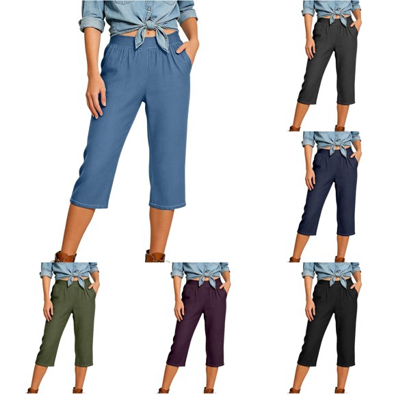 TinyBloomm Capri Jeans For Stretch Casual Elastic Waist Wide Straight Leg Plus Size Pull On Denim Capris Loose Summer Pants plus Size Stretch Pants Women Cargo Pants with Pockets