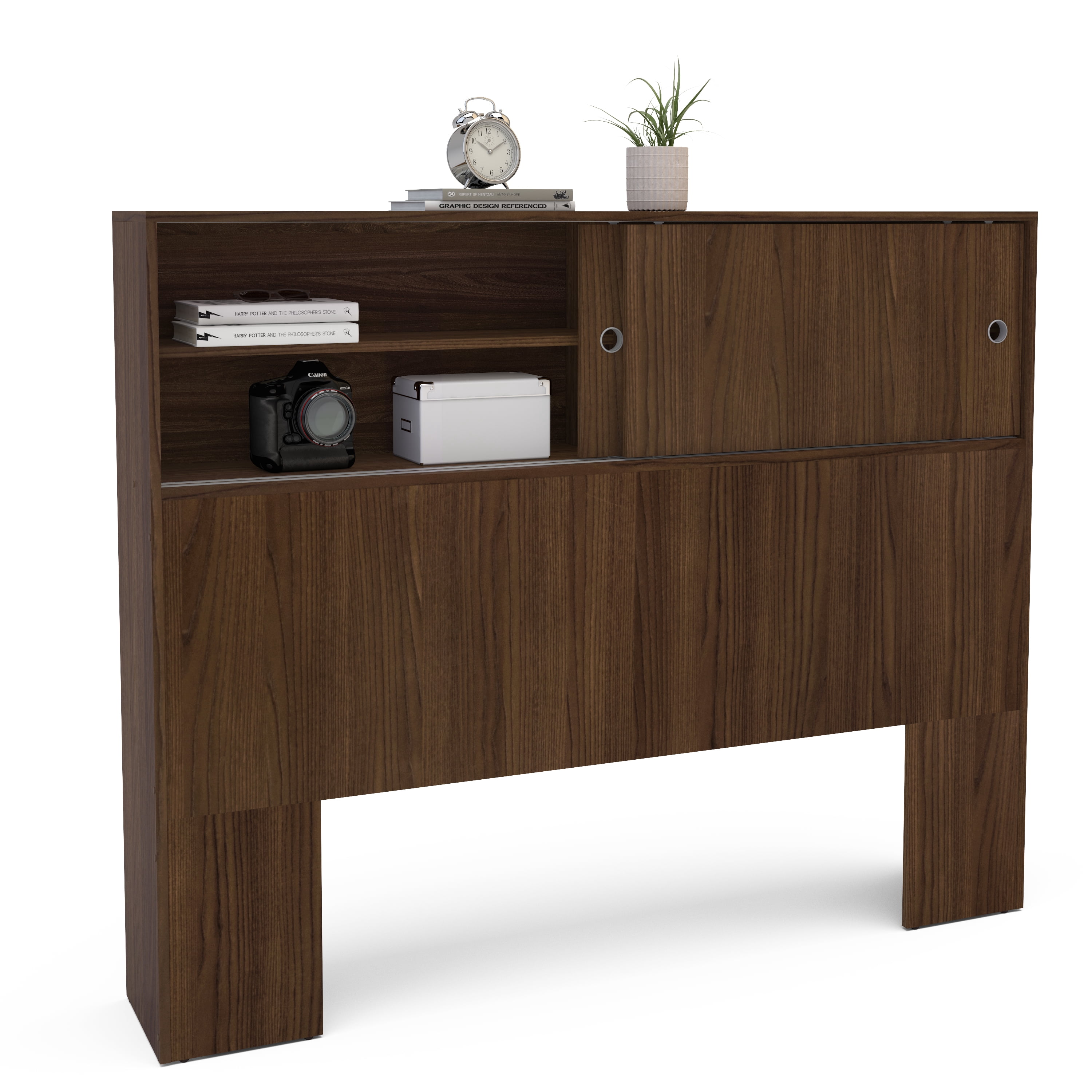 Polifurniture Victoria Full Size Wood Storage Headboard, Walnut