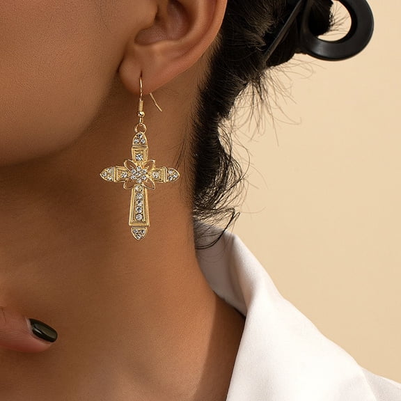 Gold Plated Pave Rhinestone Cross Dangle Earrings for Women, Luxury Sparkly Elegant Statement Fashion Jewelry