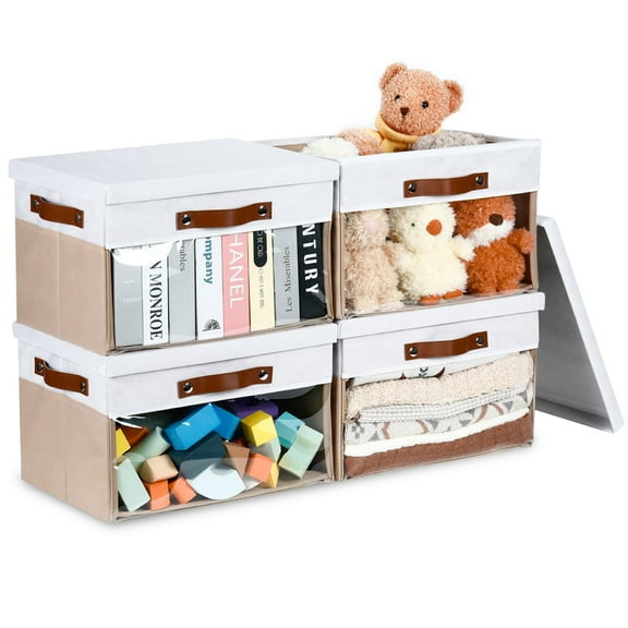 Bidtakay Collapsible Storage Bins with Lid 15 x 11 x 9.7 inch 4-Pack Fabric Closet Organizer with Clear Window Storage Baskets for Shelves Organization (White&Beige)