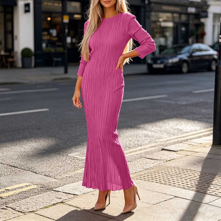 hot pink 3 4 sleeve dress GNFQXSS Round Neck Textured Maxi Dress 3/4 Sleeve Bodycon Formal Evening Dress  Hot Pink XL