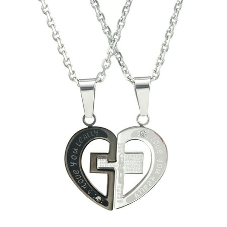 - Stunning 2pcs His & Hers Couples Heart Cross Pendant Love Necklace Set Lover Valentine 18