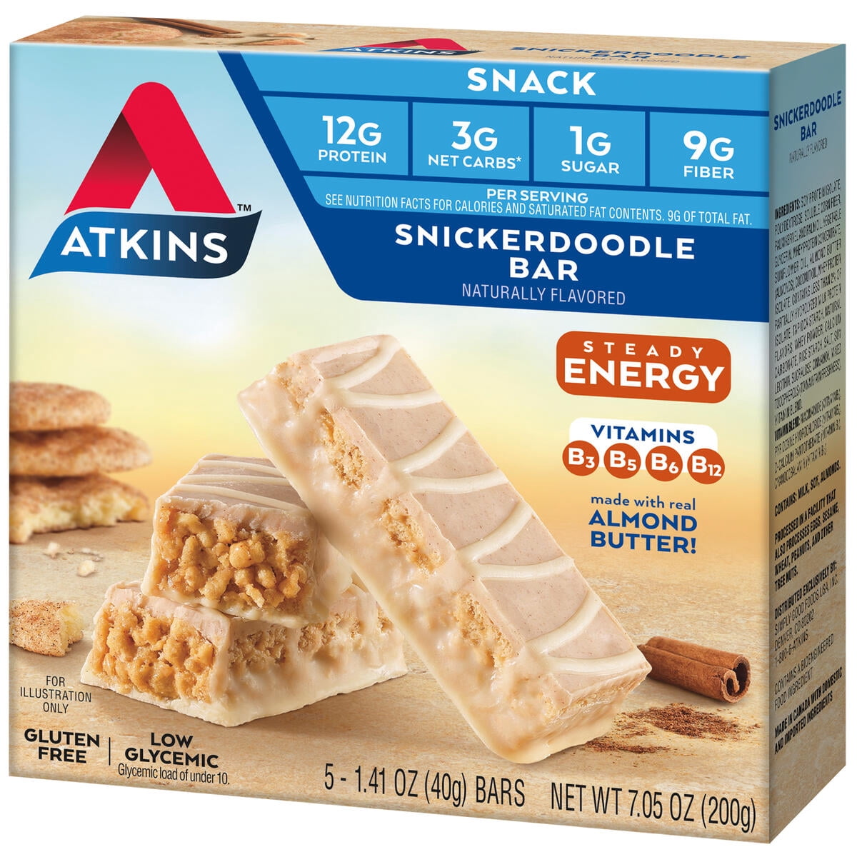 Atkins Snickerdoodle Snack Bar, Made with B Vitamins, Steady Energy, Gluten Free, 12g Protein, 5 Count