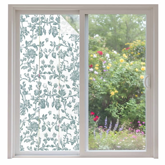 Teal Blue Green Window Privacy Film, Vintage Farmhouse Boho Flower Leaf Static Cling UV Sun Blocking Heat Control Window Tint Day and Night, Non-Adhesive One Way Windows Privacy Cover 35.4''x78.7''