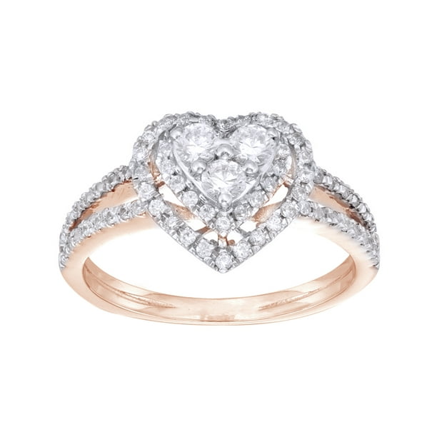 Jewel Zone US White Natural Diamond Heart Frame Ring in 10k Rose Gold