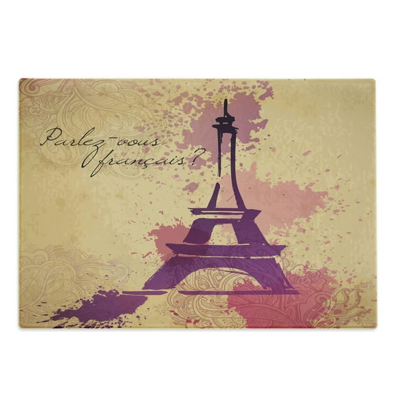 Eiffel Tower Cutting Board, French Cursive Wordprint Eiffel Doodle Silhouette Pastel Splash Retro Print, Decorative Tempered Glass Cutting and Serving Board, Large Size, Purple Beige, by Ambesonne
