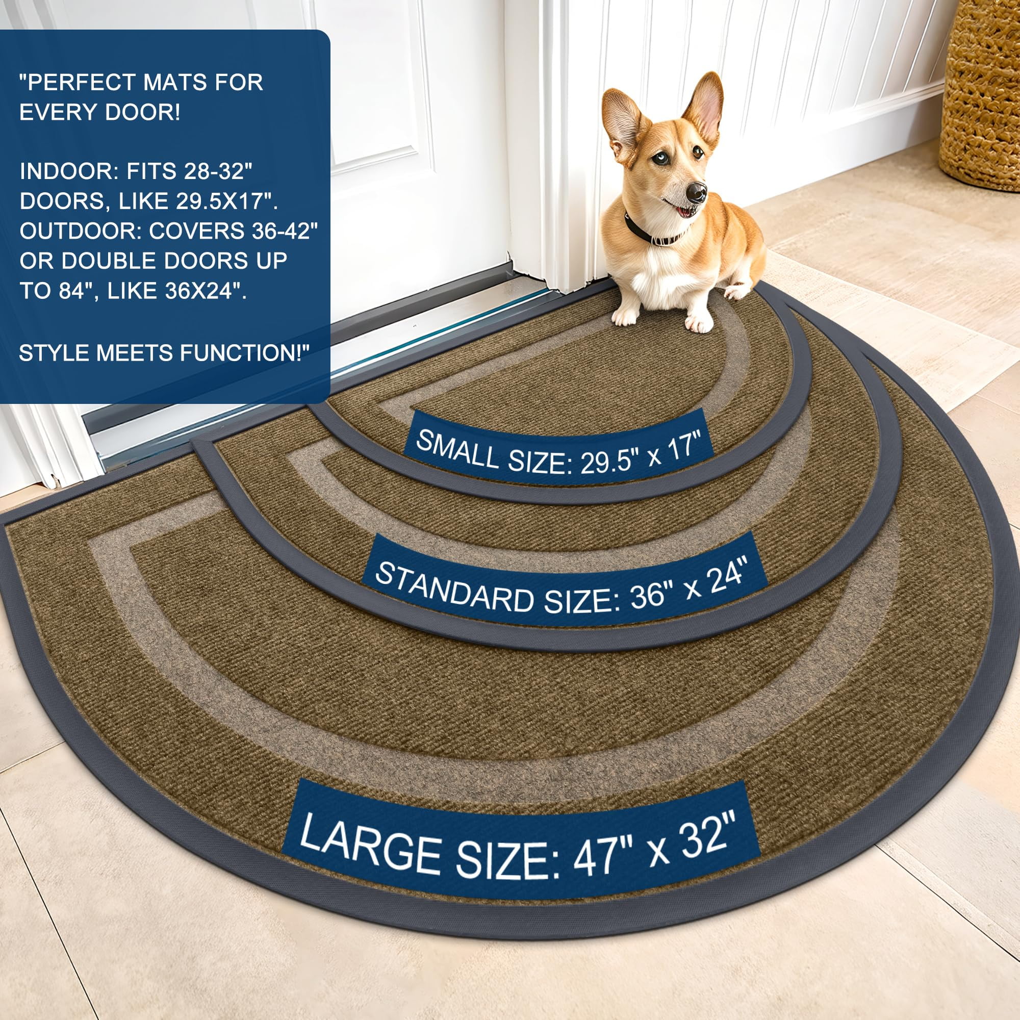 Buganda Half Round Door Mat, Heavy Duty Rubber Entrance Mat, Low Profile Dirt Trapper Doormat Outside, 47" x 32", Brown