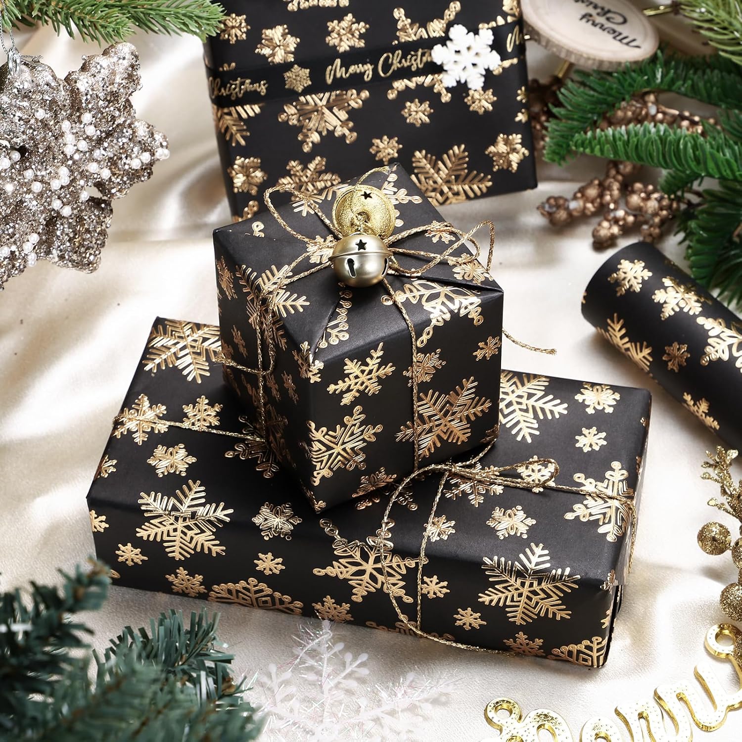 3D Kraft Christmas Wrapping Paper Roll - Mini Roll - 17 Inch x 16.5 Feet - Gold and Black Snowflake Wrapping Paper with Embossed Perfect for Christmas, Holiday, Party Celebration