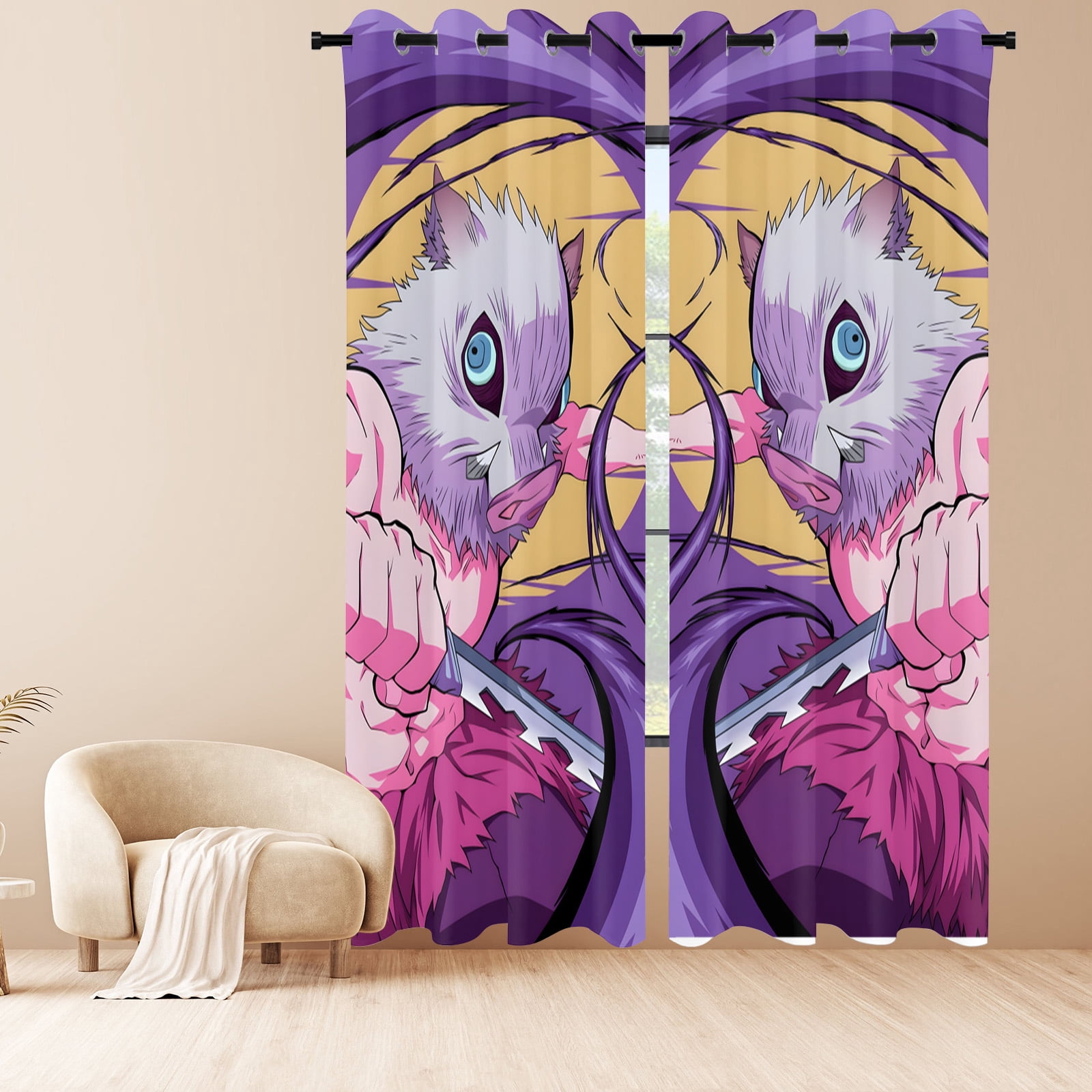 Anime Curtains for Bedroom Drapes Slayer Tanjirou Inosuke Kyoujurou Print Design Window Treatments Curtain Panel Set, 2-Panels, 52" W x 63" L