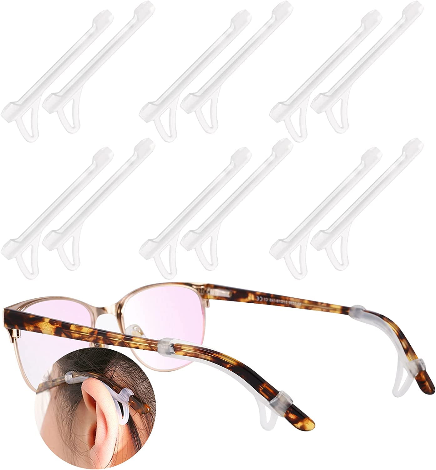 Glass Ear Grips, 6 Pairs Glasses Ear Cushion with hook Anti Slip Silicone Temple Tips Sleeves