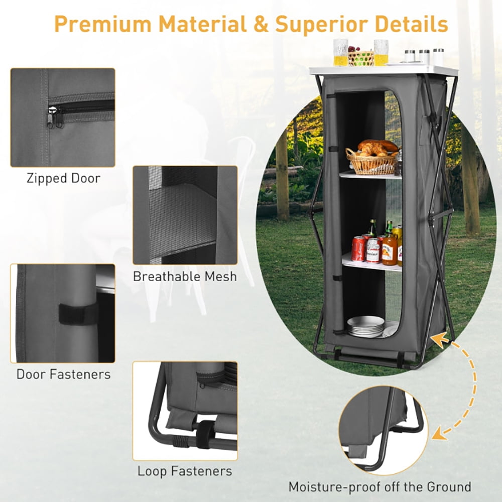 Aimee Lii Folding Camping Storage Cabinet with 3 Shelves and Carry Bag, Easy Set Up Portable Camping Kitchen, Gray-XL