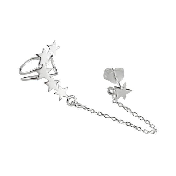 Sterling Silver Stars Ear Climber and Star Stud Earring with Connecting Chain for Right Ear Only