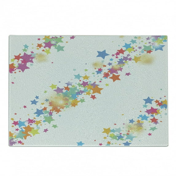 Stars Cutting Board, Illustration of Colorful Star Lines Cartoon Style Nursery Pattern Diagonal Design, Decorative Tempered Glass Cutting and Serving Board, in 3 Sizes, by Ambesonne
