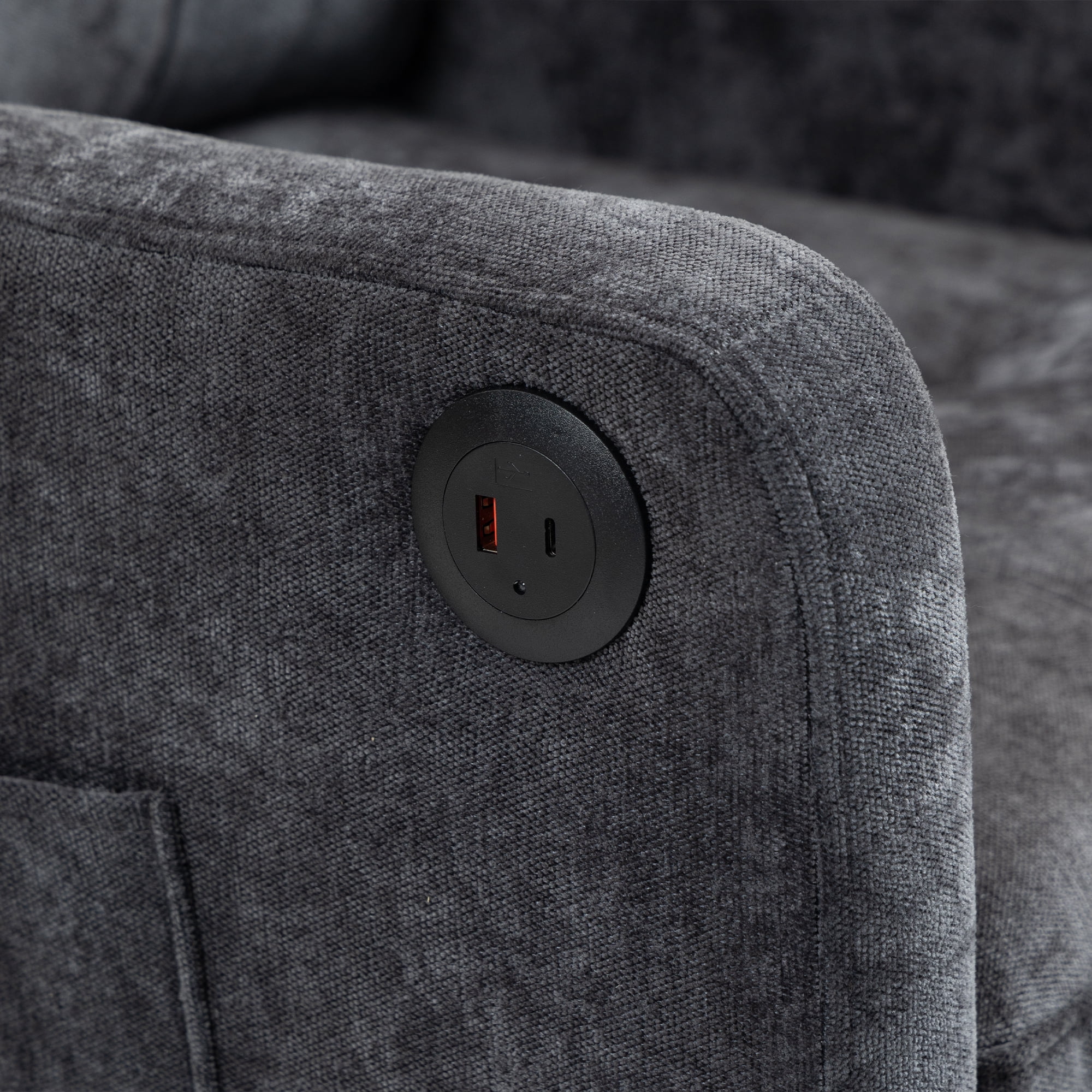 Comfortable armchair with USB charging port, ergonomic wide backrest, vintage wooden legs, comfortable upholstered armchair with side storage for living room bedroom