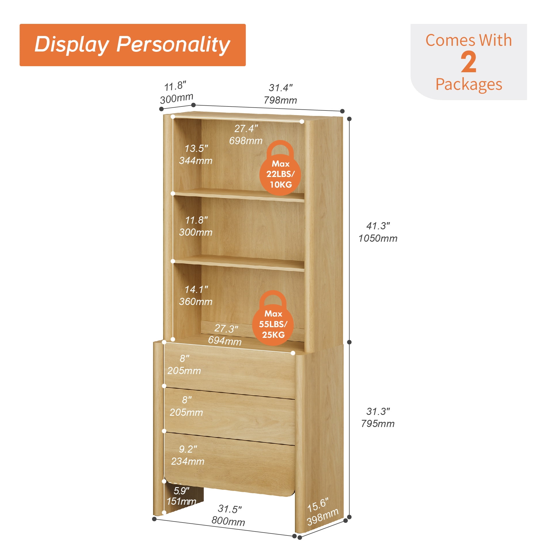 31.5-Inch Modern French Bookcase with Curved Edges, 3 Drawers and Open Shelves, 72.8" Tall, Oak
