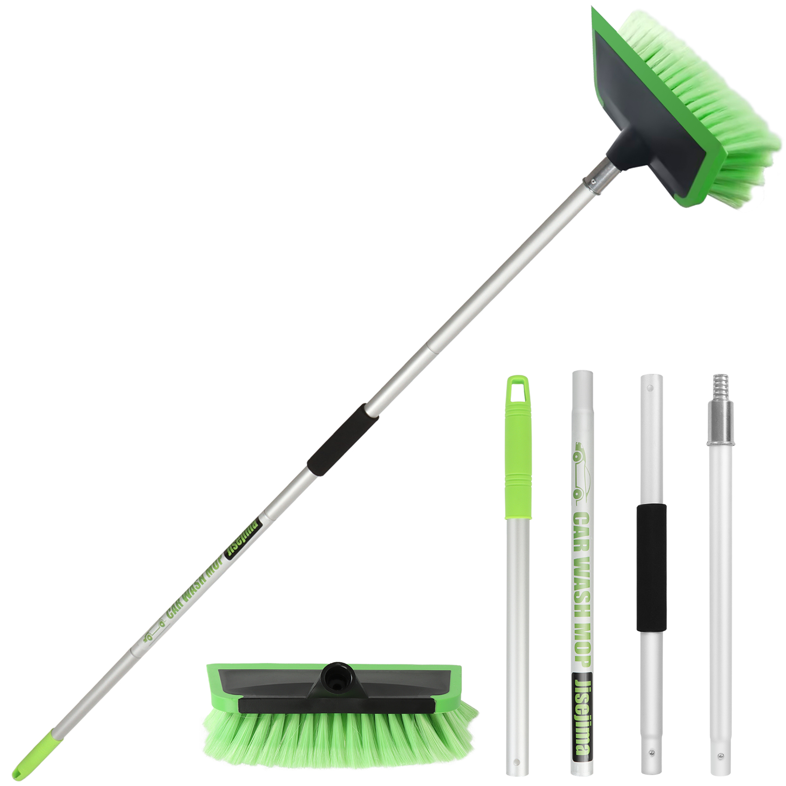 2 in 1 Car Wash Brush with Squeegee PBT Soft Bristle Truck Scrub Detail Brush 60” 151cm with Adjustable Long Handle for Interior Exterior Car Truck RV Boat Deck House Siding Cleaning Sweep Snow