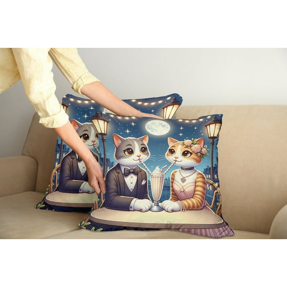 Ambesonne Cat Throw Pillow Cover Pack of 2, Romantic Date Night Funny Kitty, 2 Pcs-18"x18", Dark Blue Apricot