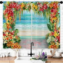 Summer Ocean Beach Kitchen Curtains Boho Flower Small Short Nautical Coastal Window Curtains Floral Hawaiian Sea Drapes for Bathroom Curtain 2 Panels Window Treatment Tiers 26x36 Inch