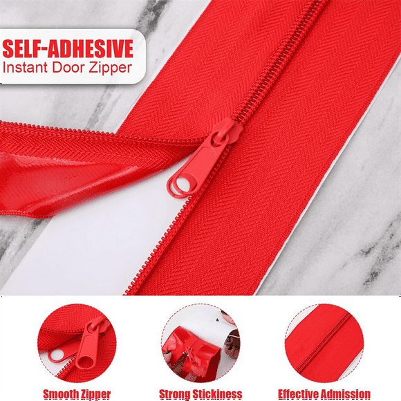 2pcs Dust Barrier Zipper,Instant Door Dust Protection Self-Adhesive Tarp Double Zipper Blade Construction Red