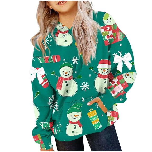 Lorytime Christmas Hoodies for Girls with Pockets Unisex Snowman Snowflakes Sweatshirt Long Sleeve Tops Festive Pullover