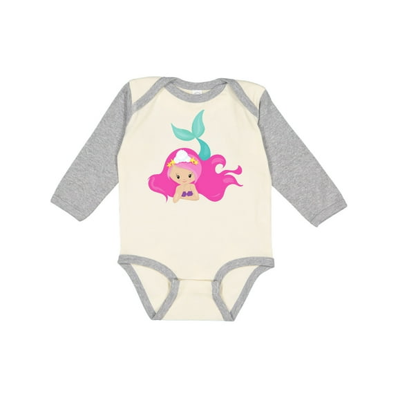 Inktastic Cute Mermaid, Pink Hair, Green Tail Girls Long Sleeve Baby Bodysuit