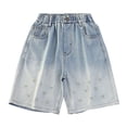 thumbnail image 3 of Girls Embroidered Denim Bermuda Shorts, Kids Elastic Waist Loose Fit Summer Casual Five Pocket Jean Shorts(Green,9-10 Years), 3 of 9