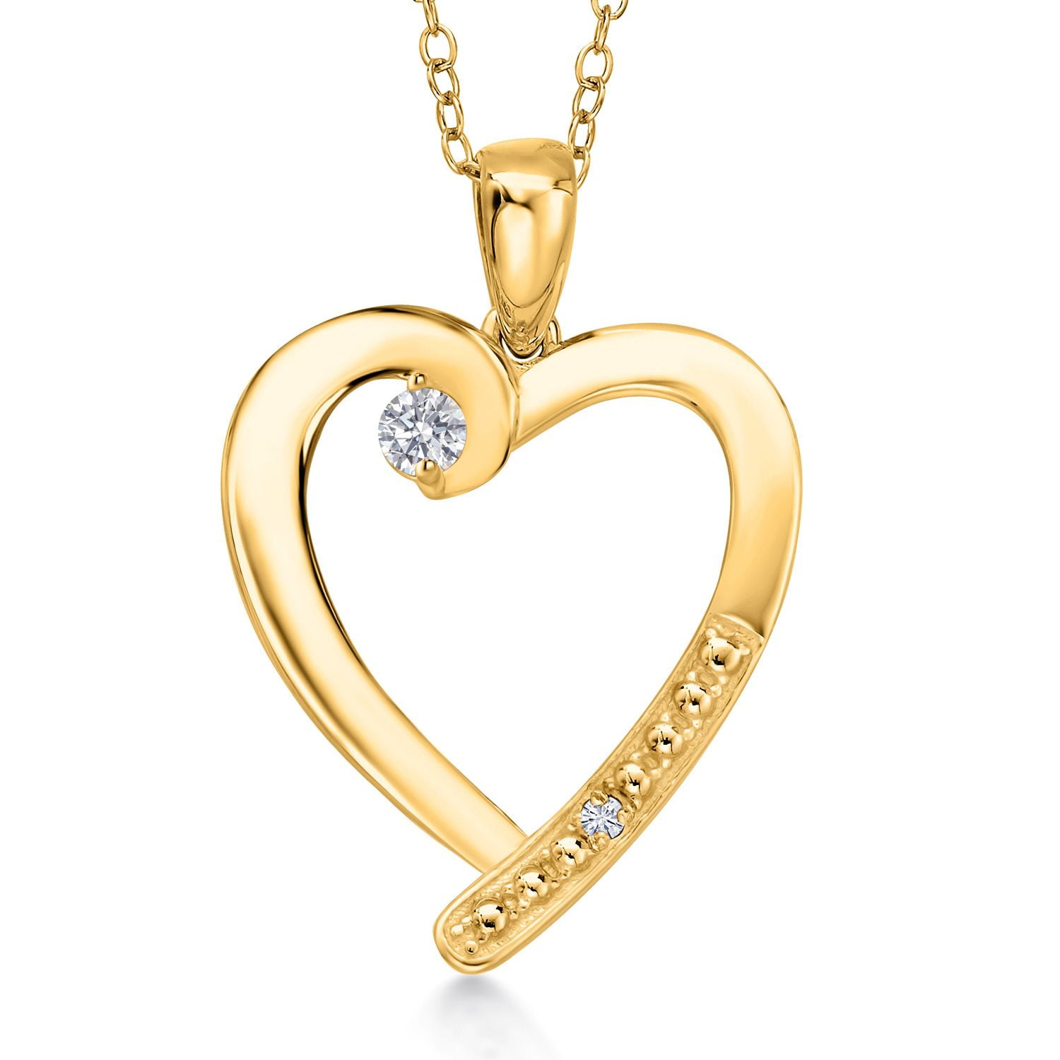 Gem Stone King 18K Yellow Gold Plated Silver Lab Grown Diamond and White Moissanite Heart Pendant Necklace for Women | 0.19 Cttw | Gemstone April Birthstone | Round 3.5MM | With 18 inch Chain