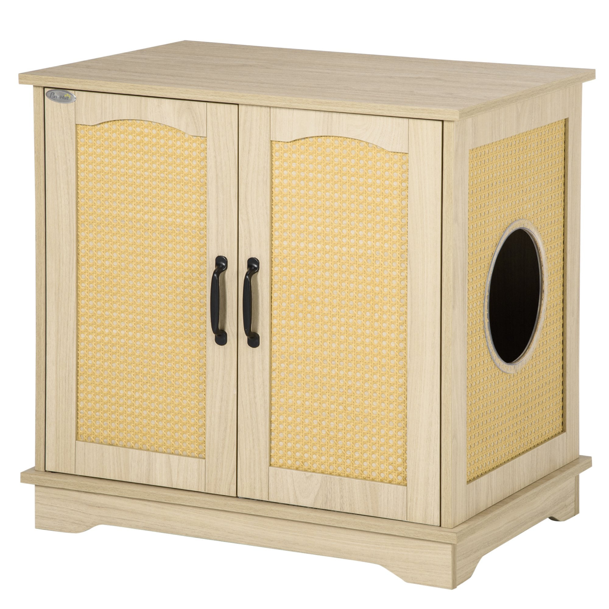 PawHut Hidden Litter Box Enclosure Cat Washroom Furniture with Cushion Double Doors Wooden Pet