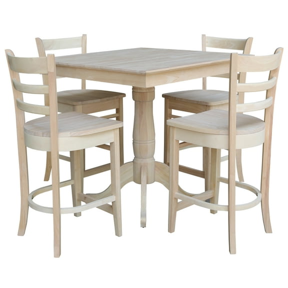International Concepts 36" x 36" Square Top Pedestal Table With 4 Counter Height Stools (Set of 5) - Unfinished