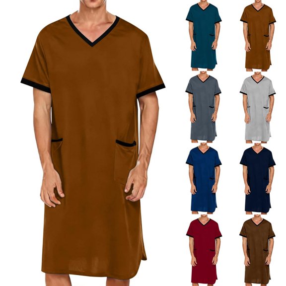 Men's Loungewear Robe Short Sleeve V-Neck Long Length with Pockets Lightweight Cotton Sleep Bathrobe Casual Home Wear Red