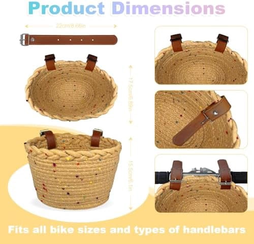 Kids Bike Basket Rope Woven Front Bicycle Basket for Boys Girls Kids Front Handlebar Basket for Scooter,Balance Bikes Cute Bike Basket with Colored Spots