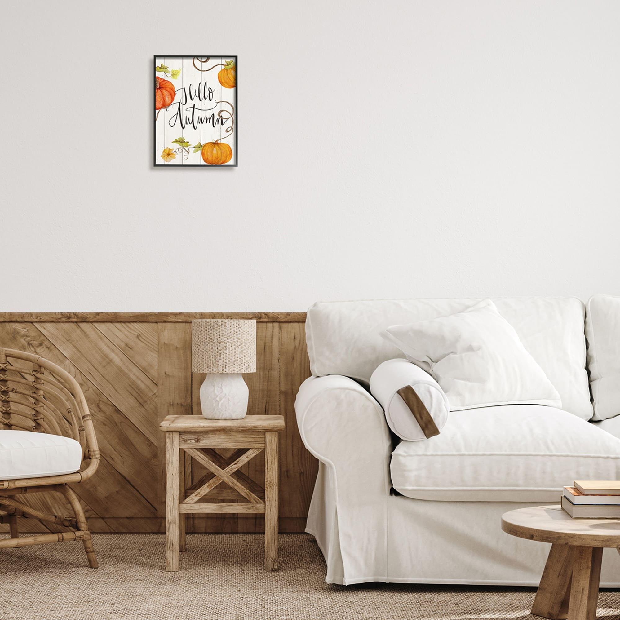 Hello Autumn Calligraphy Sign Rustic Pumpkin Vines Inspirational Graphic Art Framed Art Print Wall Art