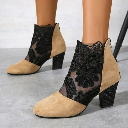 

Flower Embroidery Lace Chunky Heeled Zip Back Ankle Boots Women‘s High Heel Pumps