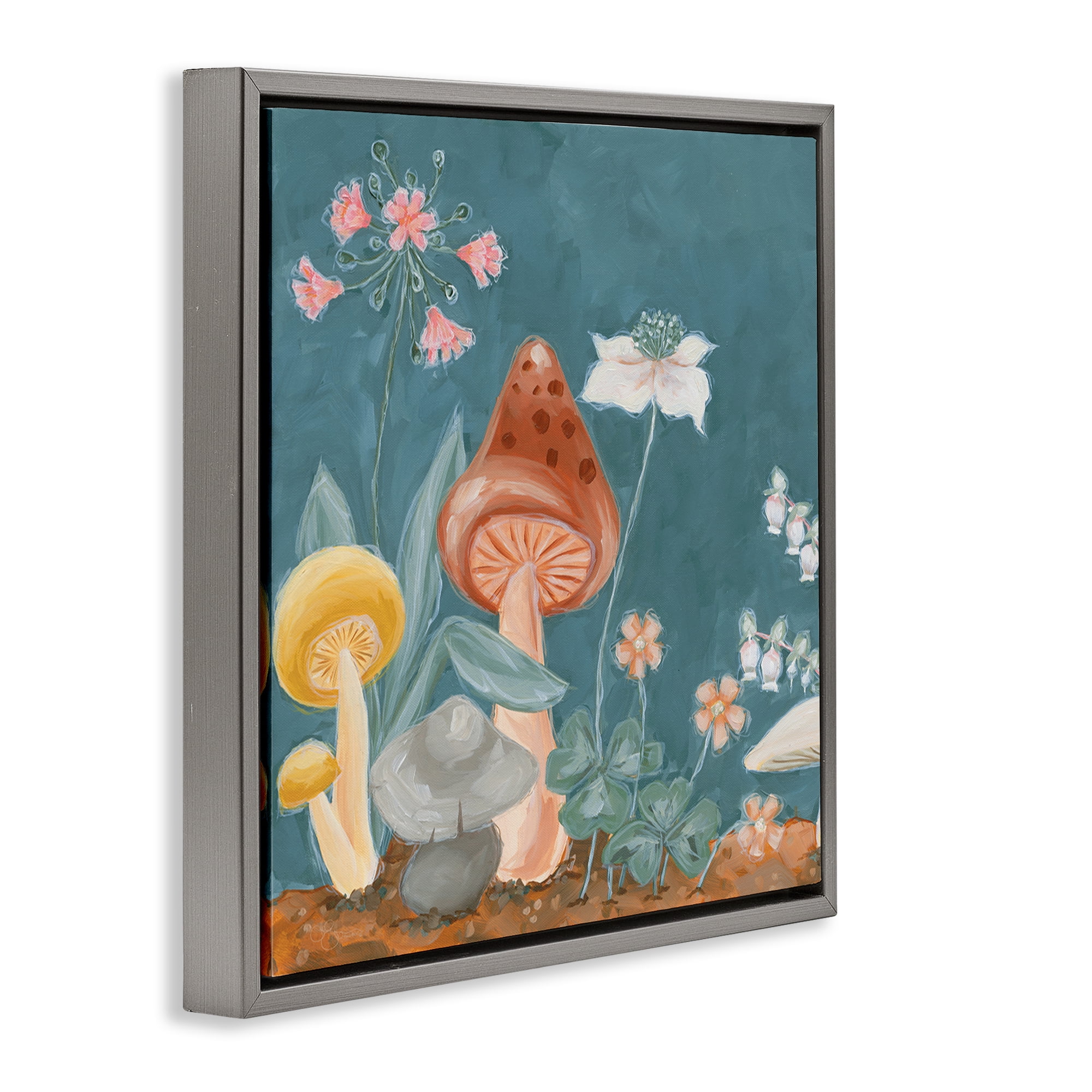 Stupell Industries Forest Floor Mushrooms Plants & Flowers Painting Gray Floater Framed Canvas Art Print Wall Art, 25 x 25