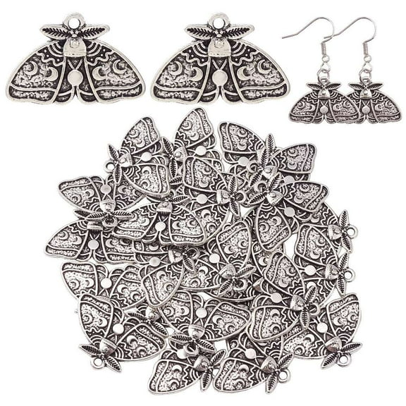 1 box 30pcs Tibetan style Alloy Pendants Moth with Moon Phase Charm Antique Silver 17.4x25mm