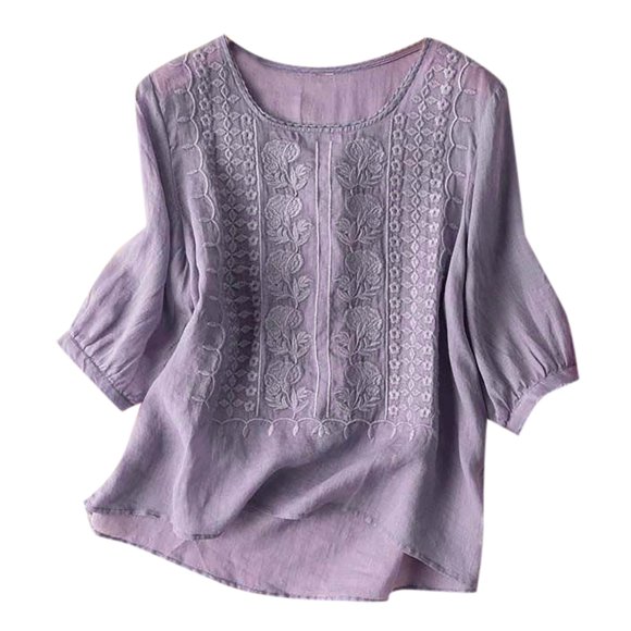 Women's Vintage Hollow Out Breathable Solid Color And Linen Short Sleeve T Shirt Long Fitted Shirts for Women Long Sleeve Casual T Shirt Women Women's Long Sleeved Shirts Shirts Women Casual Womens